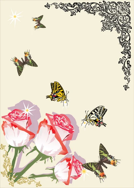 Motýli na růže kytice — Stockový vektor