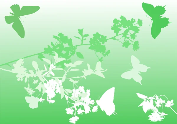 Fleurs et papillons de cerisier vert — Image vectorielle