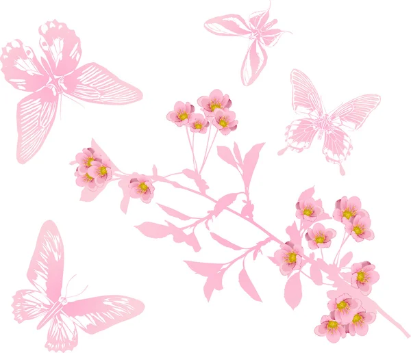 Single cherry flower branch and butterflies — Stock Vector