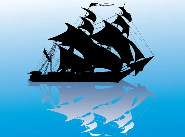 Black ship with reflection on blue — Stock Vector