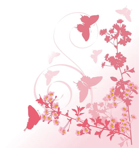 Mariposas y flores de cerezo rosa — Vector de stock