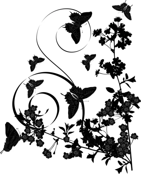 草绘蝴蝶和樱桃树 — 图库矢量图片