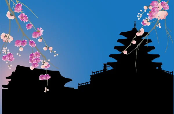 Chinese stad silhouet en cherry tree bloesem — Stockvector