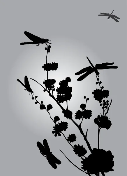 Libélulas y flores en gris — Vector de stock