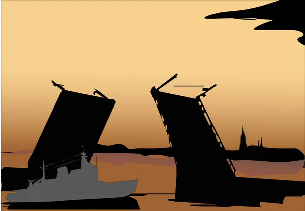 Ilustración de puente y barco — Vector de stock