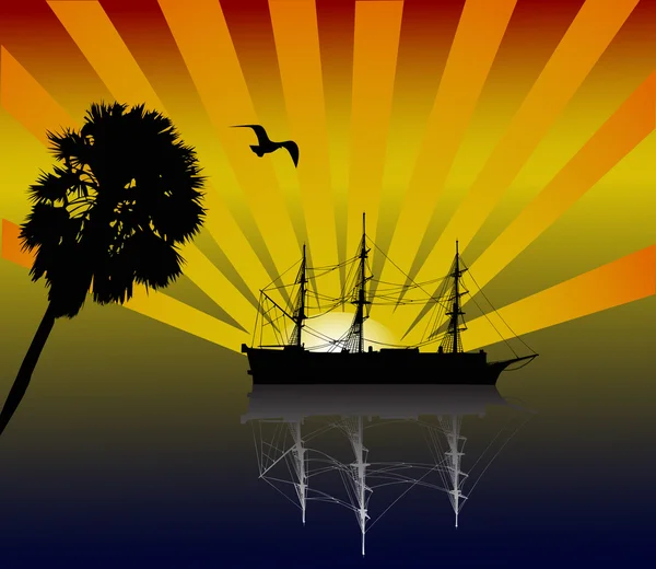 Paume, bateau et coucher de soleil — Image vectorielle