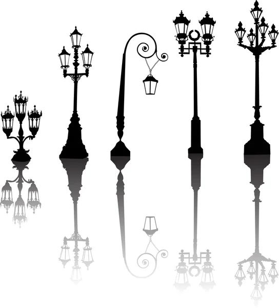 Five street lamps with reflections — Stock Vector