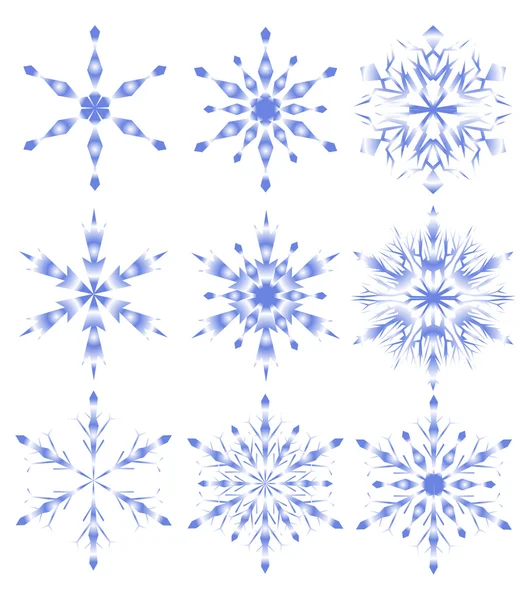 Negen blauwe geïsoleerde sneeuwvlokken — Stockvector