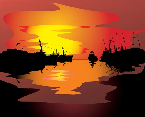 Barche e i suoi riflessi al tramonto — Vettoriale Stock