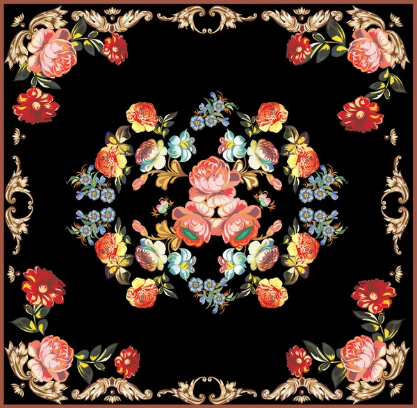 Rosas rojas y flores azules sobre negro — Archivo Imágenes Vectoriales