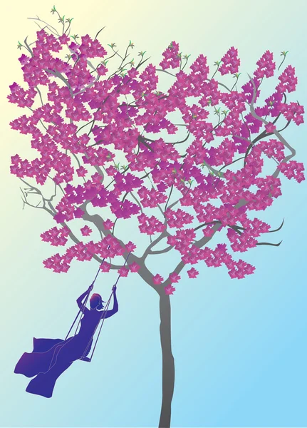 Pink tree and girl on swing — Stock Vector