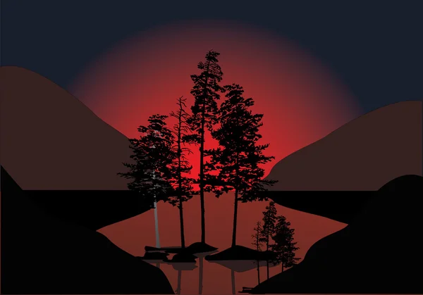 Sunset in hills with trees — Stock Vector