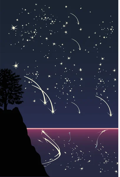 Δέντρο κάτω από το νυχτερινό ουρανό με αστέρια — Διανυσματικό Αρχείο