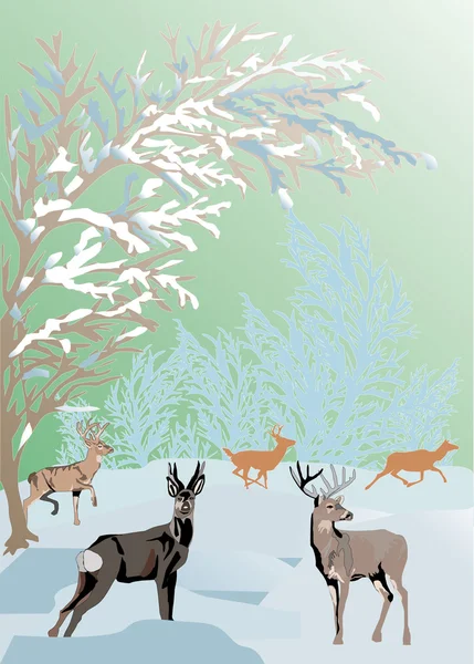 颜色冬季风景与鹿 — 图库矢量图片