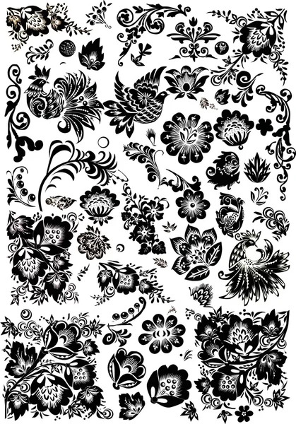 Квіткові та пташині елементи орнаменту — стоковий вектор