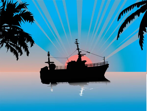 Ηλιοβασίλεμα πάνω από την θάλασσα με πλοίο — Διανυσματικό Αρχείο