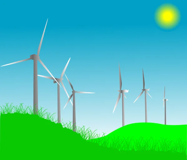 风力发电机组在灿烂的阳光下 — 图库矢量图片