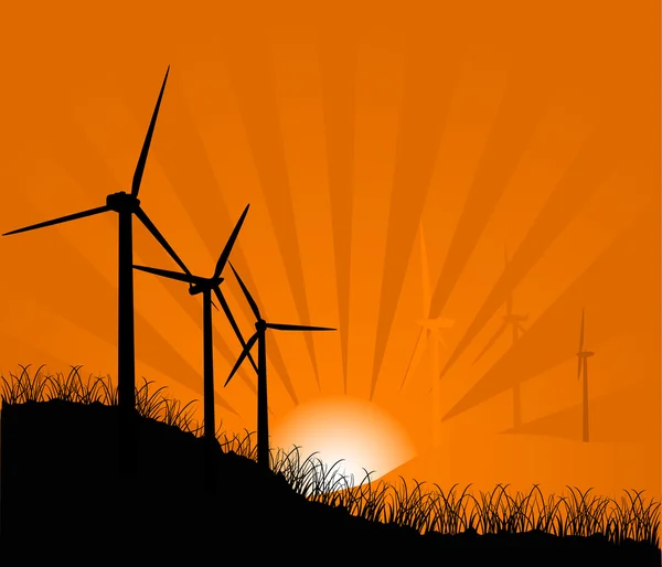 Turbinas eólicas ao pôr do sol — Vetor de Stock