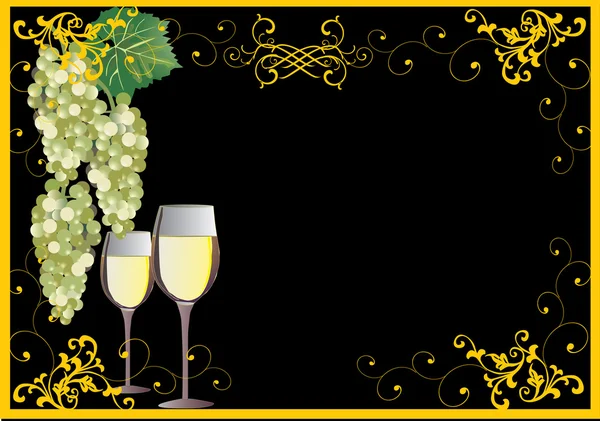 Grapes and glasses in gold frame — Stock Vector