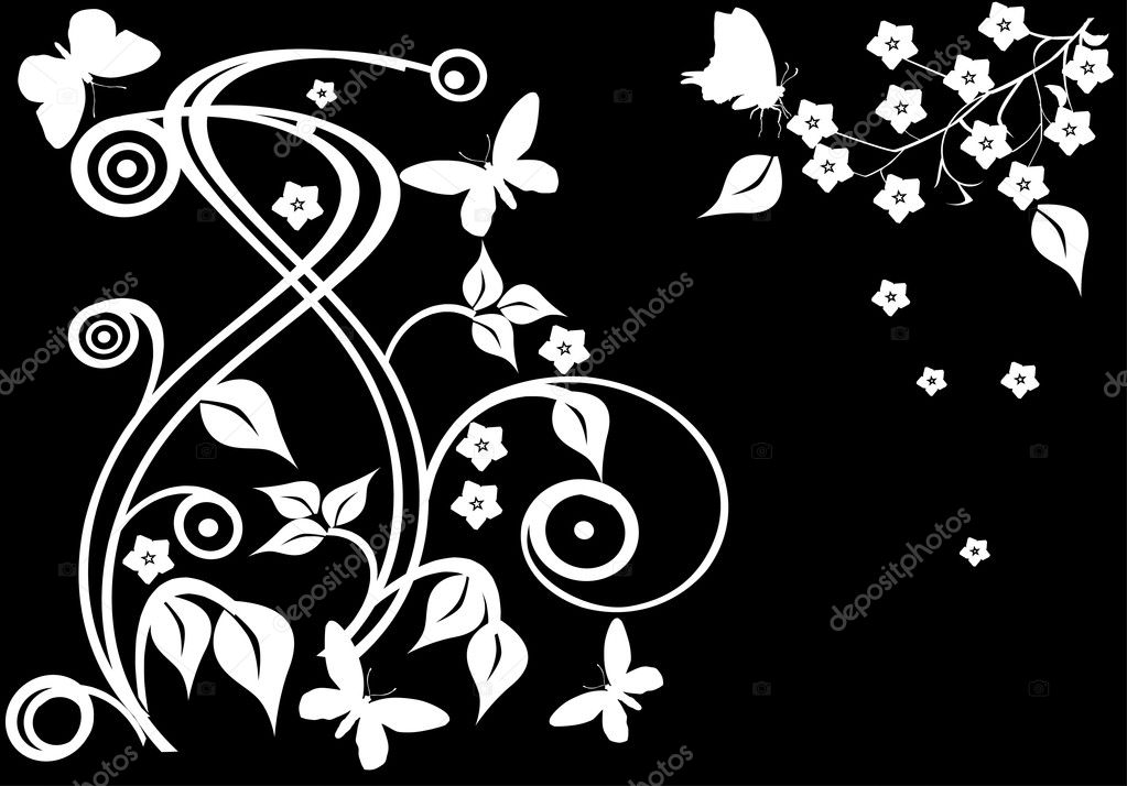 white flowers and butterflies silhouettes