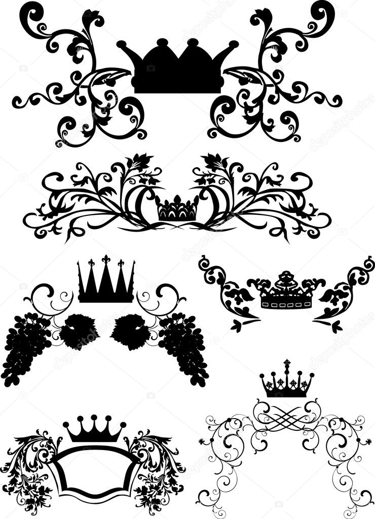 crowns and floral curls isolated on white