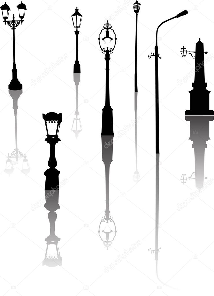 seven street lamps with reflections