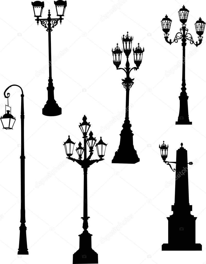 six decorated street lamps