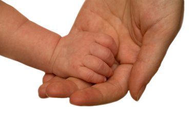 Anne ve bebek eller üzerinde beyaz