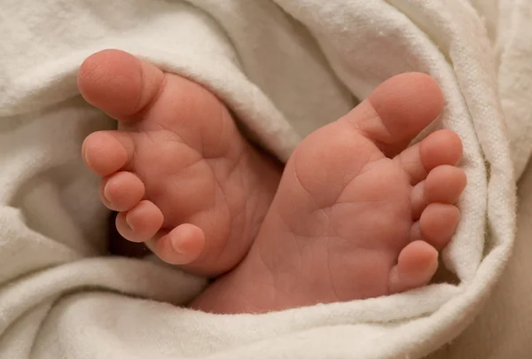 婴儿脚在床单 — 图库照片