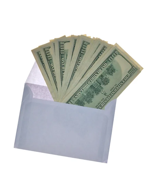 Briefumschlag mit Dollars auf weiß — Stockfoto