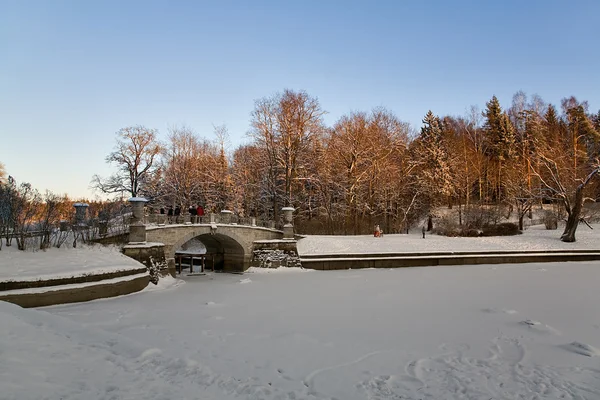 Мост и зимний пейзаж — стоковое фото