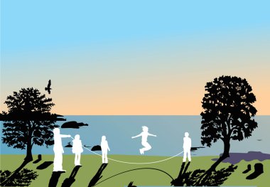 children jumping near sea illustration clipart