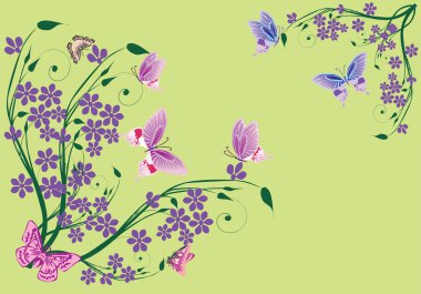 Eflatun çiçekler ve kelebekler yeşil