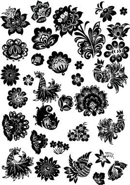 conventionalized floral elements and birds clipart