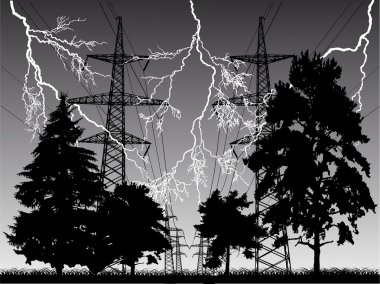 lightnin and high-voltage line at night clipart