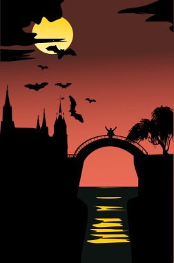 night castle and flying bats clipart