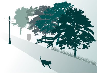 green illustration with cat in park clipart