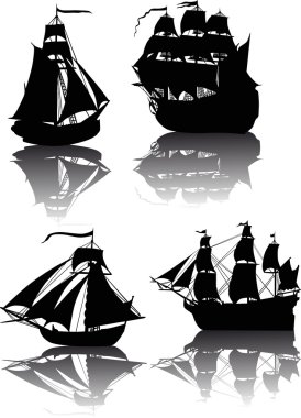 four ships with reflections isolated on white clipart