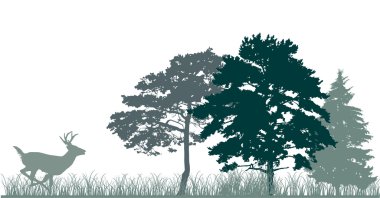 trees and running deer silhouettes clipart