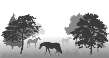 horses between trees clipart