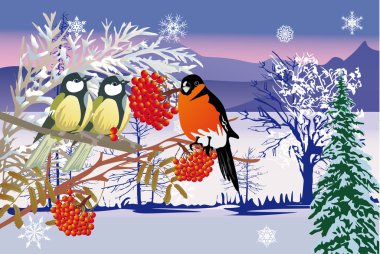 snow landscape and birds clipart