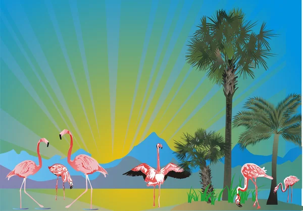 Green palms and pink flamingo — Stock Vector
