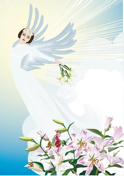 Engel und Lilienblüten — Stockvektor