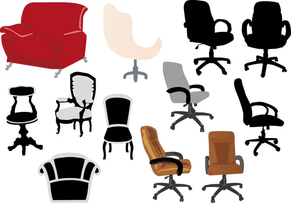 Set of different chairs on white — Stock Vector