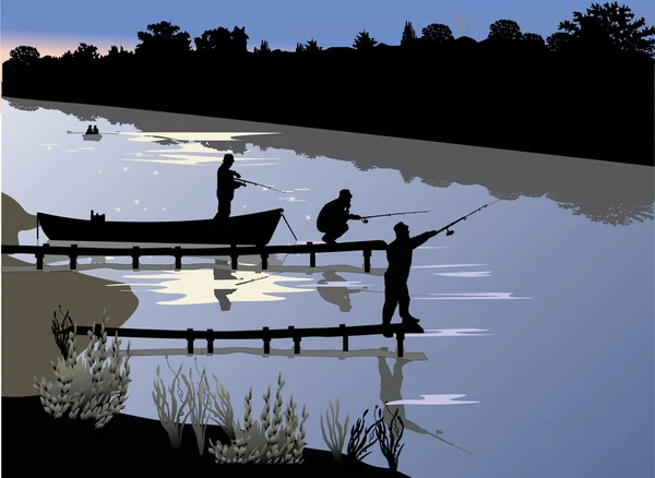 Three fishermen near river — Stock Vector