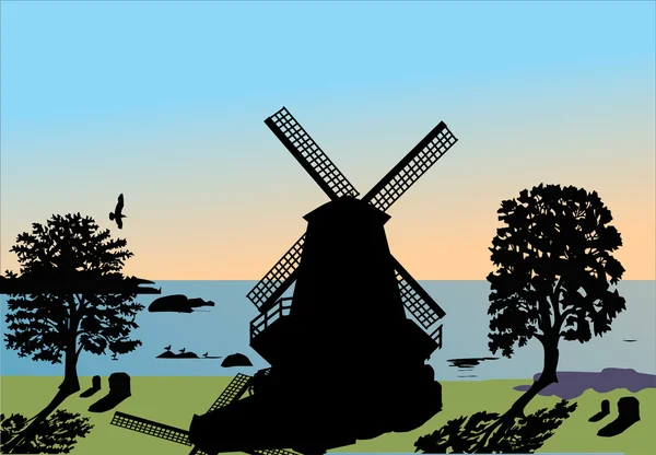 Ветряная мельница возле моря — стоковый вектор