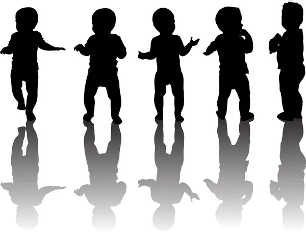 Five baby silhouettes with reflections — Stock Vector