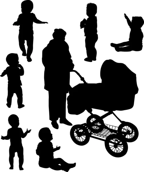 Woman and children silhouettes isolated on white — Stock Vector