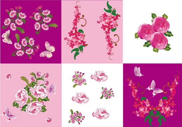 Conjunto de decoraciones de flores rosadas — Vector de stock