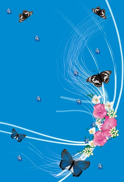 Метелики і рожеві квіти на синьому — стоковий вектор
